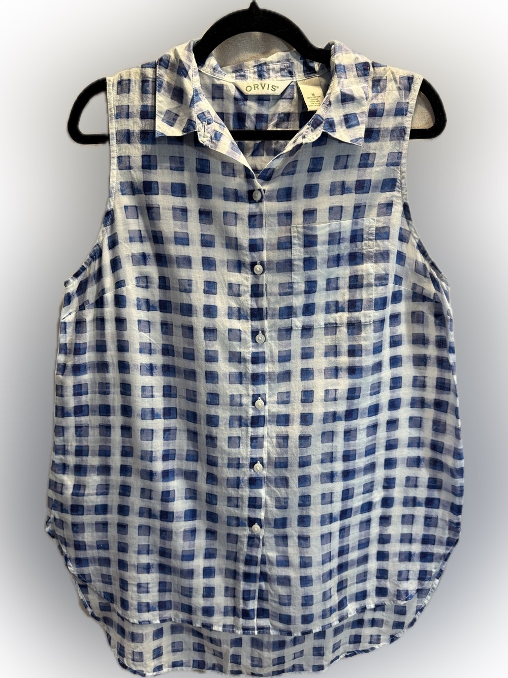 Orvis Sleeveless Button Up Blue White Plaid Cotton M